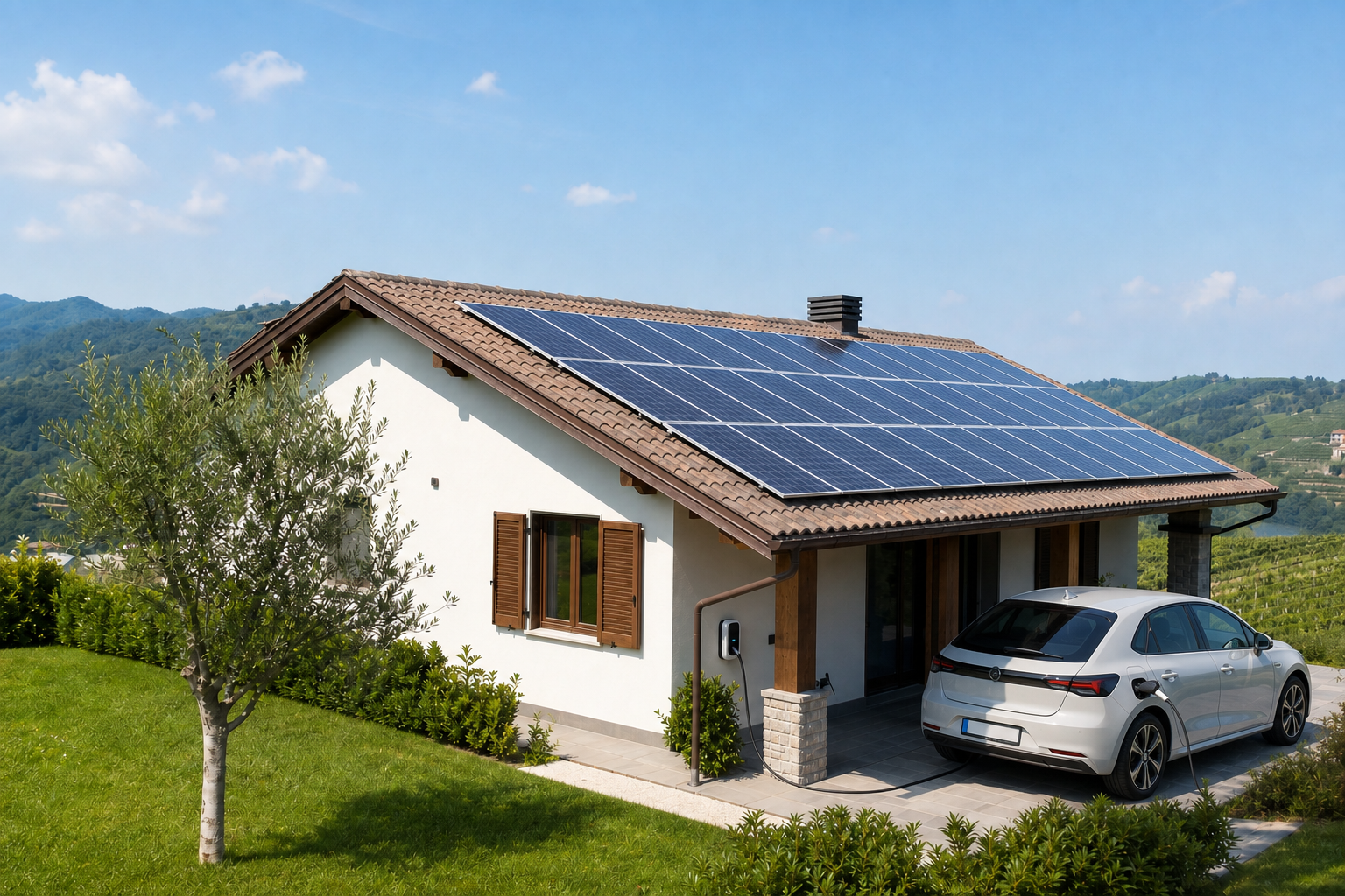 Casa collinare con impianto fotovoltaico sul tetto e automobile elettrica in ricarica