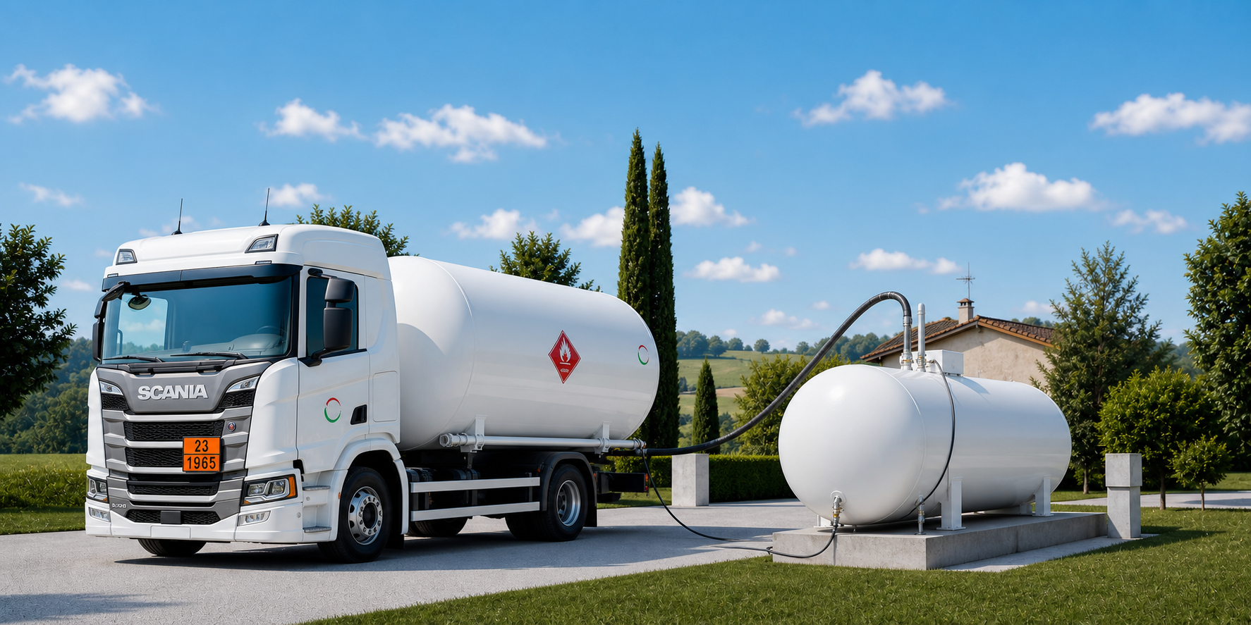 Camion cisterna GPL che rifornisce un serbatoio esterno